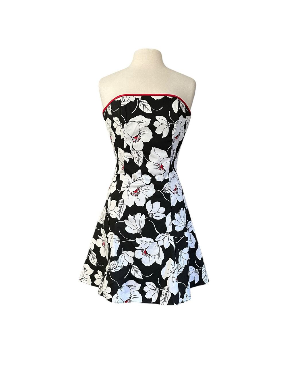VTG GUNNE SAX Jessica McClintock Strapless Black White Floral Red Trim Dress  6
